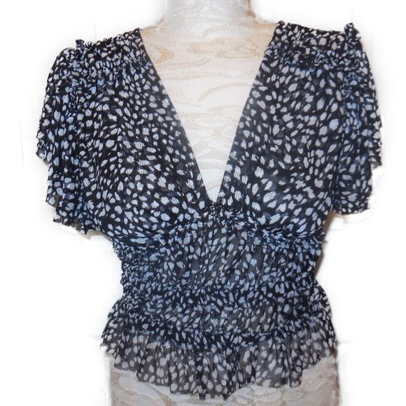 Blouse Black White Dot Mesh Short Sleeve Slim Fit V-Neck spring summer XS - Picture 1 of 12